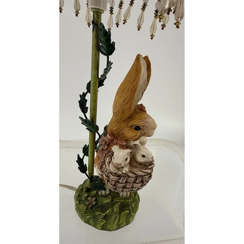 Vintage Rabbit Table Lamp with Beaded Shade Woodland Cottagecore Decor